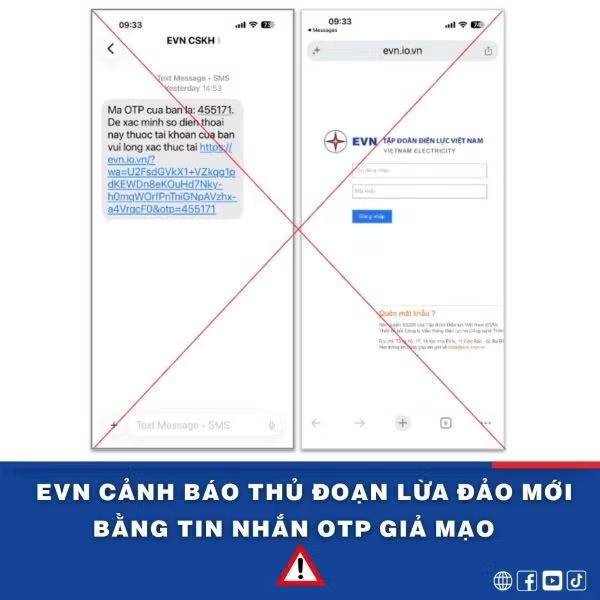 Tập đoàn Điện lực Việt Nam cảnh báo thủ đoạn lừa đảo mới bằng tin nhắn OTP giả mạo