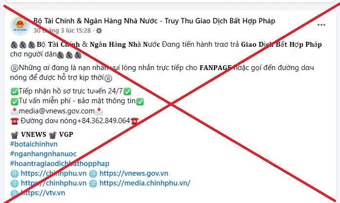 Công an TP. Hà Nội cảnh báo trang Facebook giả mạo Bộ Tài chính hỗ trợ lấy lại tiền bị lừa đảo