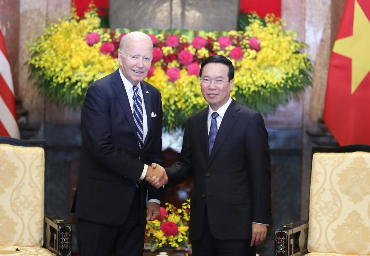 Chủ tịch nước Võ Văn Thưởng và Tổng thống Hoa Kỳ Joe Biden tại Phủ Chủ tịch. Ảnh: Quang Vinh.