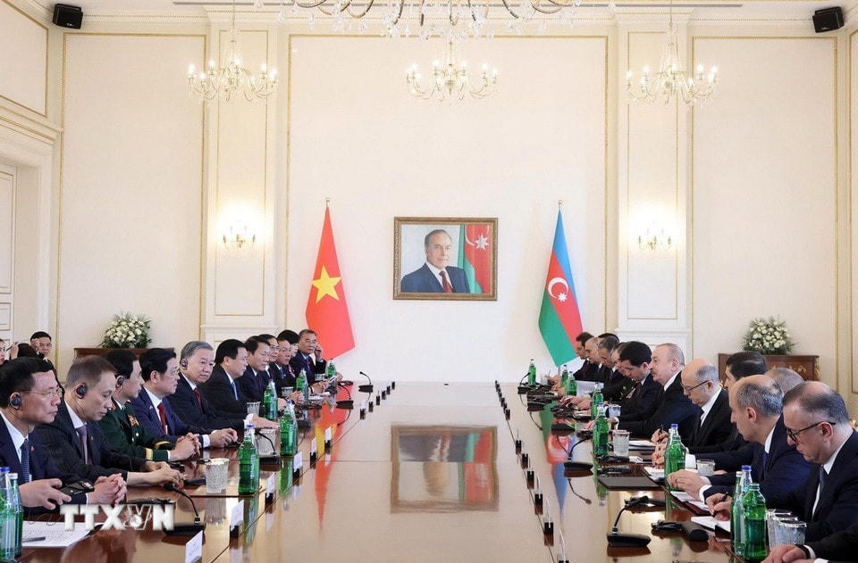 Tổng Bí thư Tô Lâm hội đàm cấp Nhà nước với Tổng thống Azerbaijan Ilham Aliyev. (Ảnh: Thống Nhất/ TTXVN)