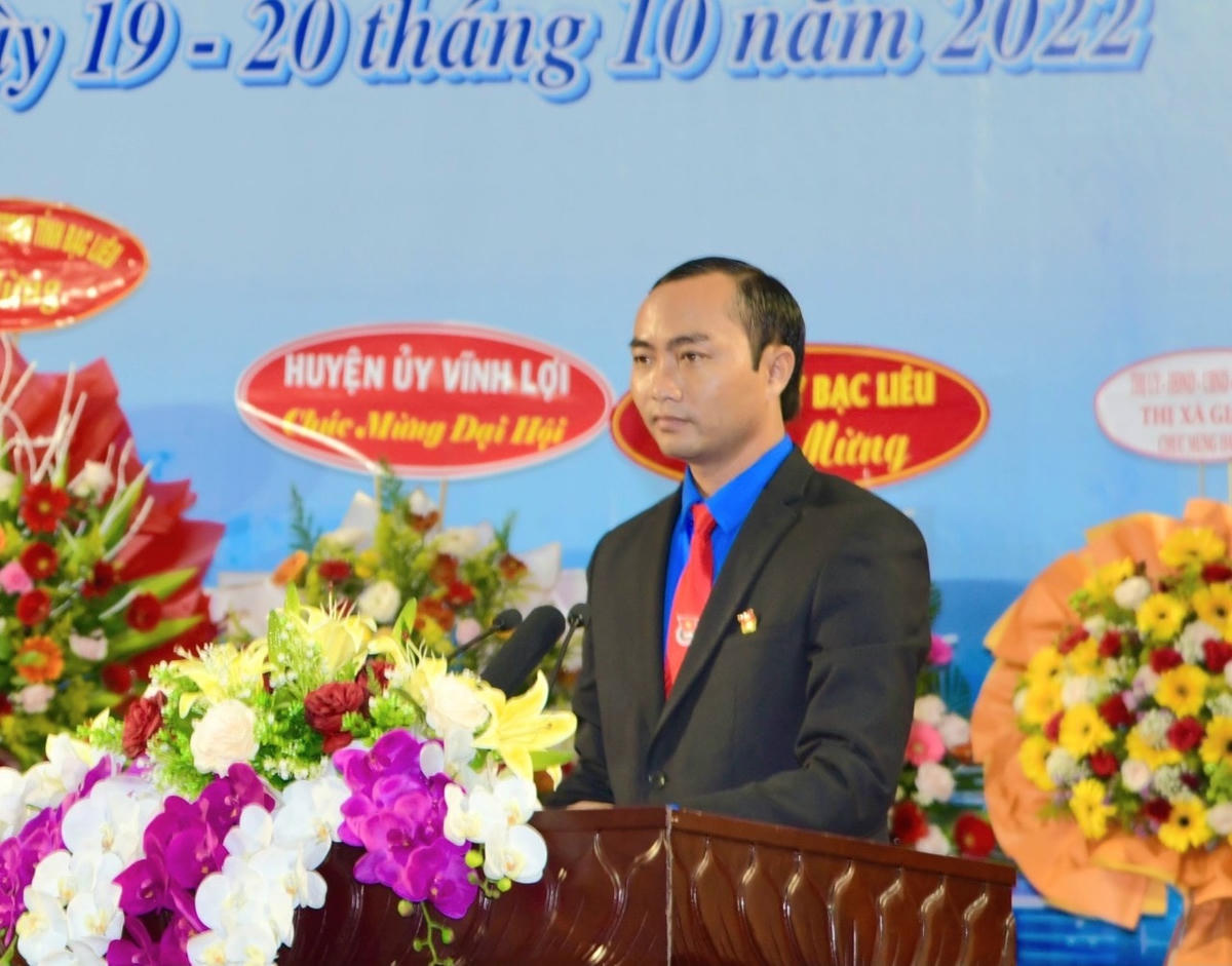 Ông Phạm Tuấn Tài - Bí thư Tỉnh Đoàn nhiệm kỳ nhiệm kỳ 2022 - 2027 phát biểu tại đại hội.