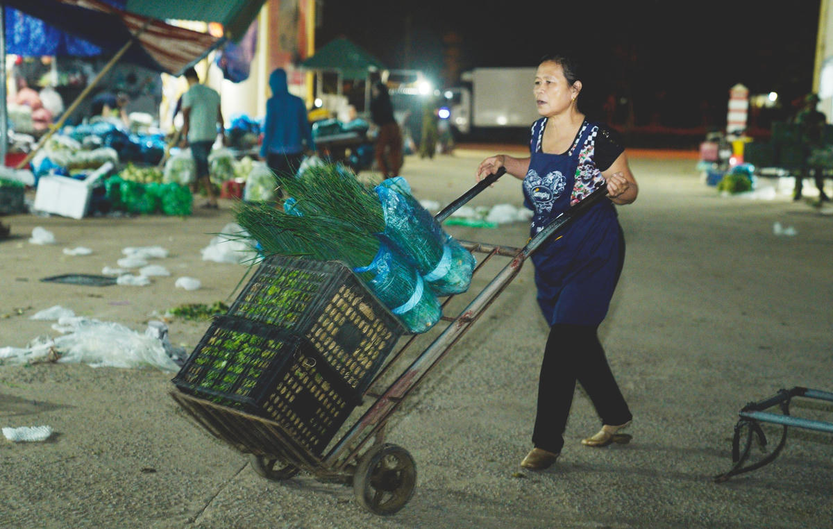 Từ sáng sớm, chị N.T.H. (trú tại xã Thạch Trung, TP Hà Tĩnh) đã phải chuẩn bị những chuyến hàng rau củ quả từ xe tải đến các sạp hàng. Ngày nào cũng vậy, chị H. dậy từ 3 giờ sáng để đón hàng từ miền Bắc vào. Giá của mỗi gánh hàng tuỳ thuộc vào độ dài của quãng đường, người khỏe thì kiếm nhiều, người yếu thì kiếm được ít.