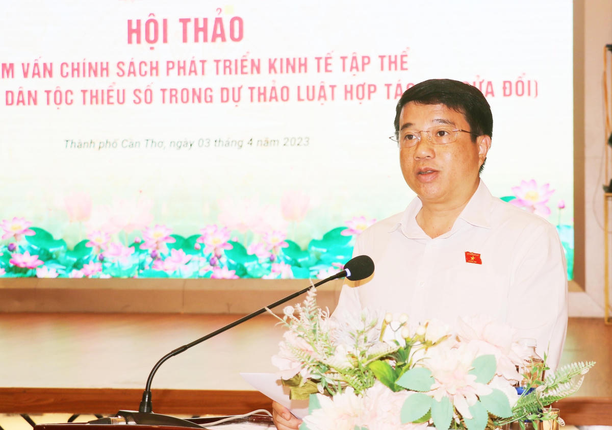 Ông Y Thanh Hà Niê Kđăm, Ủy viên Trung ương Đảng, Chủ tịch Hội đồng Dân tộc của Quốc hội phát biểu tại hội thảo. 