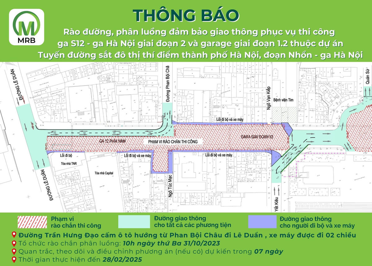 Vị trí phân luồng phục vụ thi công ga ngầm S12 trên đường Trần Hưng Đạo. Ảnh MRB.