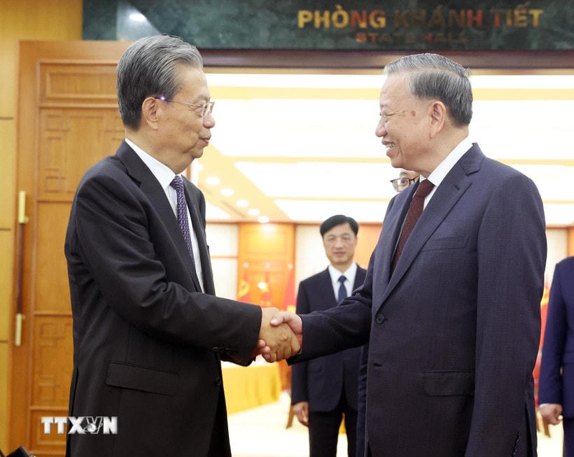 Tổng Bí thư Tô Lâm tiếp Ủy viên trưởng Nhân đại toàn quốc Trung Quốc Triệu Lạc Tế. (Ảnh: Thống Nhất/TTXVN)