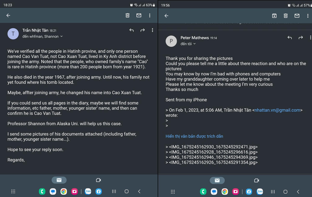 Hành trình tìm chủ nhân cuốn sổ đã trải qua trên 100 email trao đổi bằng Tiếng Anh giữa ông Trần Nhật Tân với 3 người ở Mỹ.