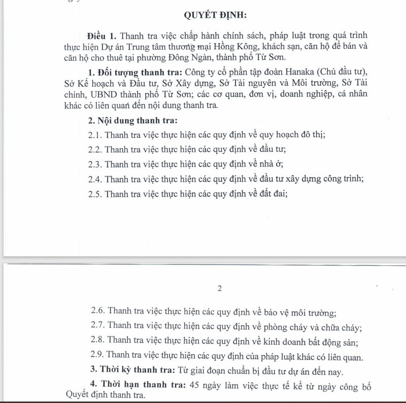 Quyết định thanh tra đối với dự án Trung tâm thương mại Hồng Kông.
