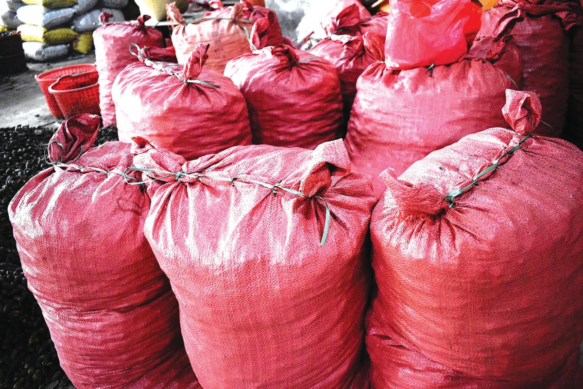 Những bao cau sấy khô chờ xuất khẩu.  