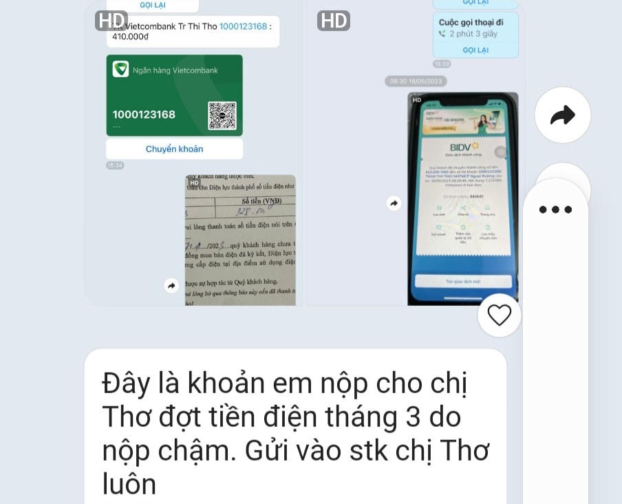 Chị T.T.H phải nộp thêm 82.000 đồng phí nộp chậm tiền điện vào tài khoản nhân viên điện lực Trần Thị Thơ.