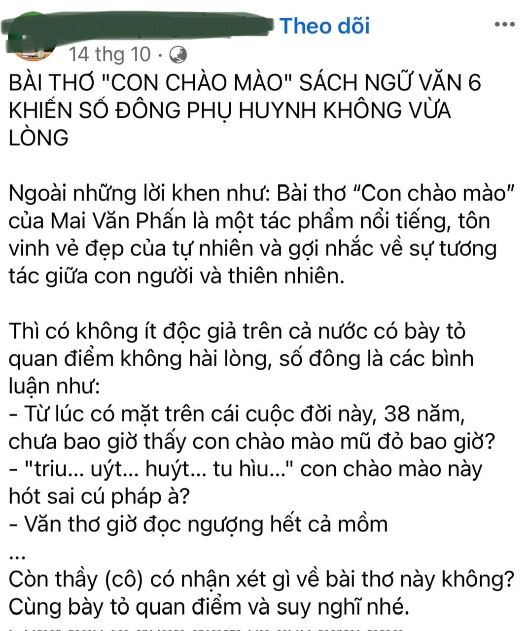 Bài thơ “Con chào mào” trong sách giáo khoa Ngữ văn lớp 6 cũng đang nhận nhiều tranh luận trái chiều trên mạng xã hội.