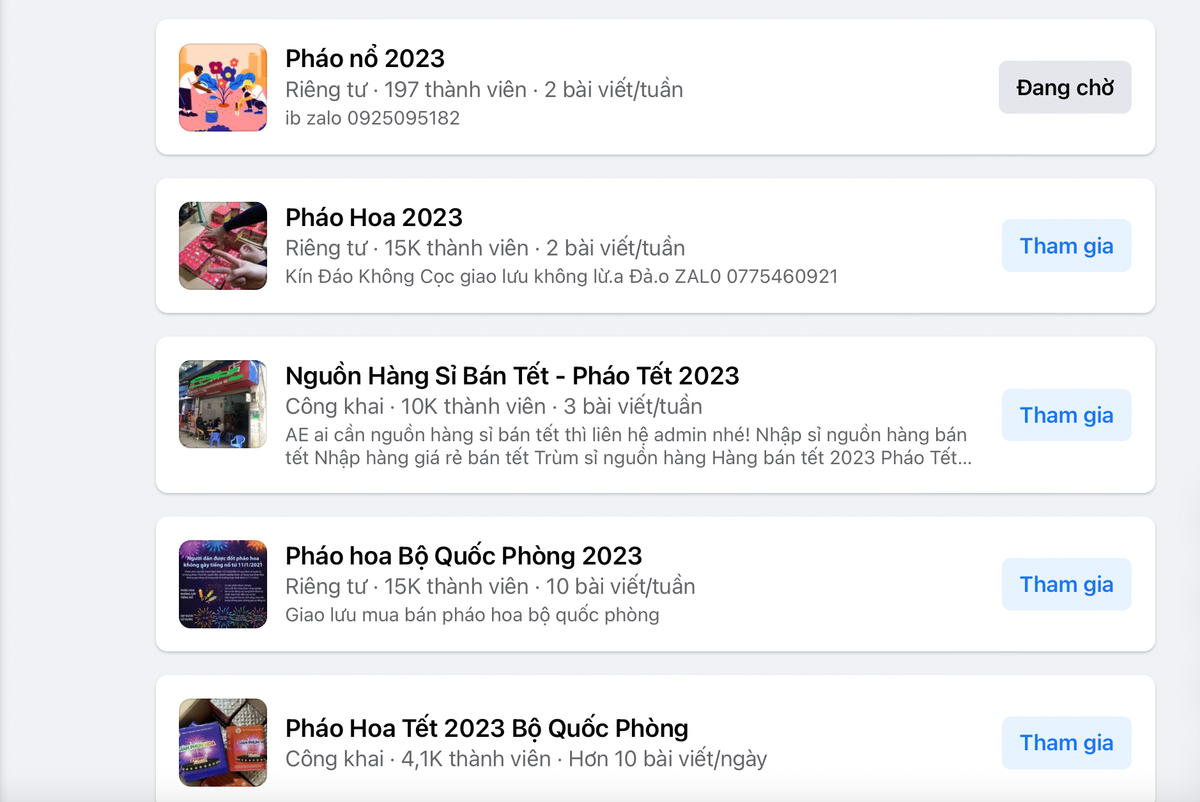 Nhiều hội nhóm rao bán pháo hoa, pháo nổ trên Facebook. Ảnh chụp màn hình.