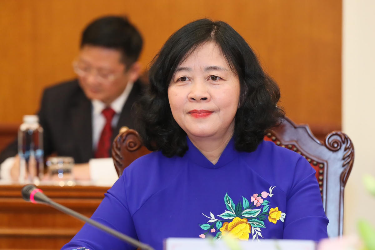 Trưởng Ban Dân vận Trung ương Bùi Thị Minh Hoài phát biểu tại hội đàm. Ảnh: Quang Vinh.