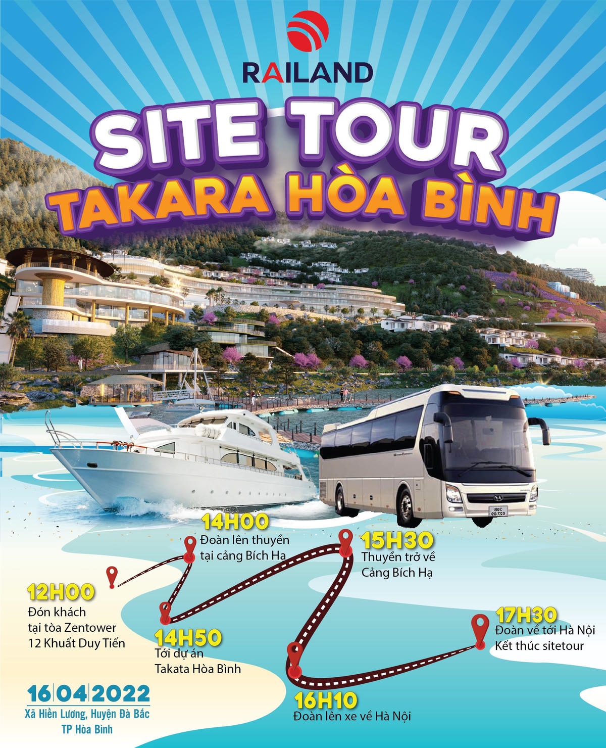 Để chào mời, nhân viên sàn RAILAND còn tổ chức các tour Hà Nội - Hoà Bình để mời các nhà đầu tư đi thăm quan trực tiếp dự án. Theo đó, xe khách sẽ đón khách từ Hà Nội lên Hoà Bình và tiếp tục hành trình đi thuyền ngắm phong cảnh dự án. Sau đó, có thể đặt cọc luôn cho chủ đầu tư.