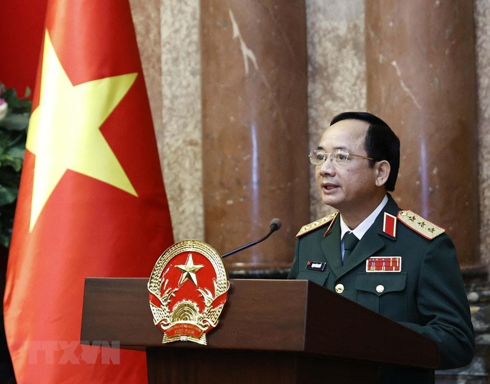 Thượng tướng Trịnh Văn Quyết phát biểu nhận nhiệm vụ. Ảnh: Thống Nhất/TTXVN.
