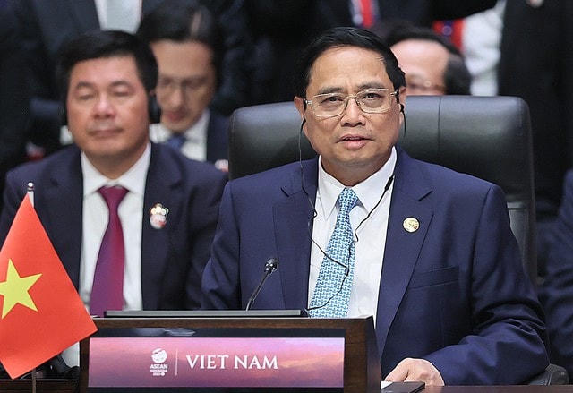 Thủ tướng Chính phủ Phạm Minh Chính phát biểu tại Hội nghị Cấp cao ASEAN lần thứ 43. Ảnh: TTXVN.