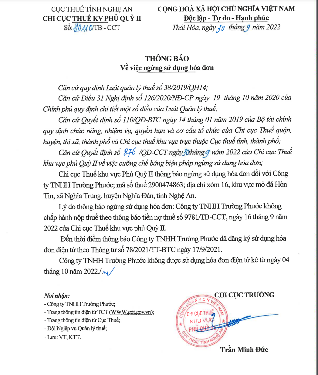 Văn bản Thông báo về việc ngừng sử dụng hoá đơn của Chi cục Thuế Khu vực Phủ Quỳ II đối với Cty TNHH Trường Phước.