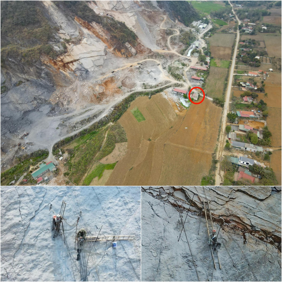 Những công nhân đu mình trên cao để khoan lỗ mìn tại mỏ đá của Công ty TNHH Anh Tuấn.