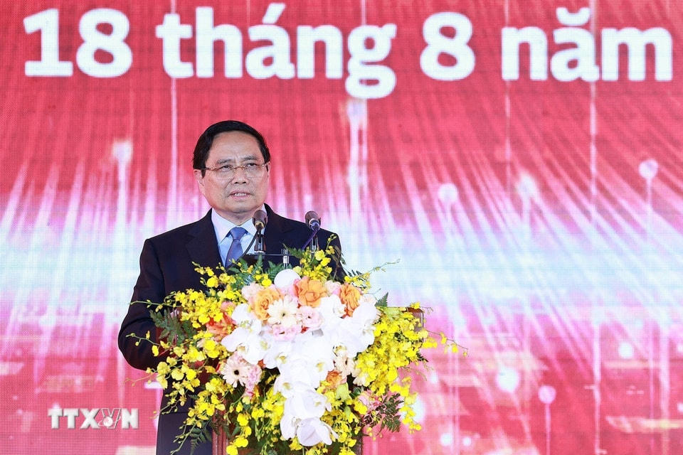 Thủ tướng Phạm Minh Chính phát biểu tại Lễ khai trương Trung tâm Dữ liệu quốc gia số 1. (Ảnh: Dương Giang/TTXVN)