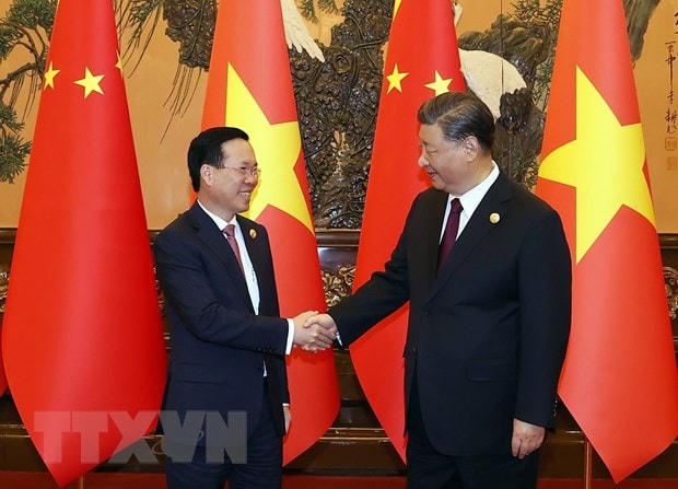 Chủ tịch nước Võ Văn Thưởng hội kiến Tổng Bí thư, Chủ tịch Trung Quốc Tập Cận Bình. (Ảnh: Thống Nhất/TTXVN)