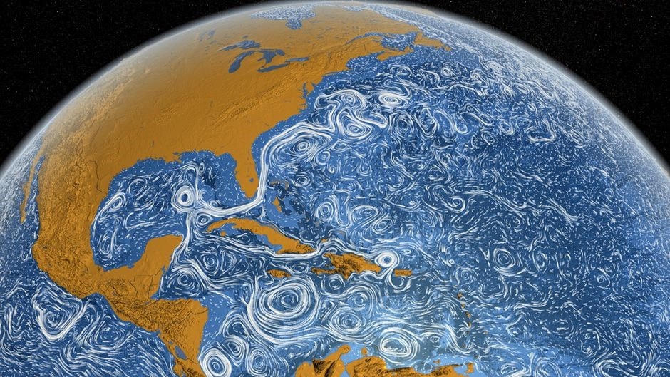 Mô tả của NASA về các dòng chảy trên bề mặt đại dương trên khắp thế giới bao gồm hệ thống Gulf Stream đi từ vịnh Mexico đến Tây Âu.