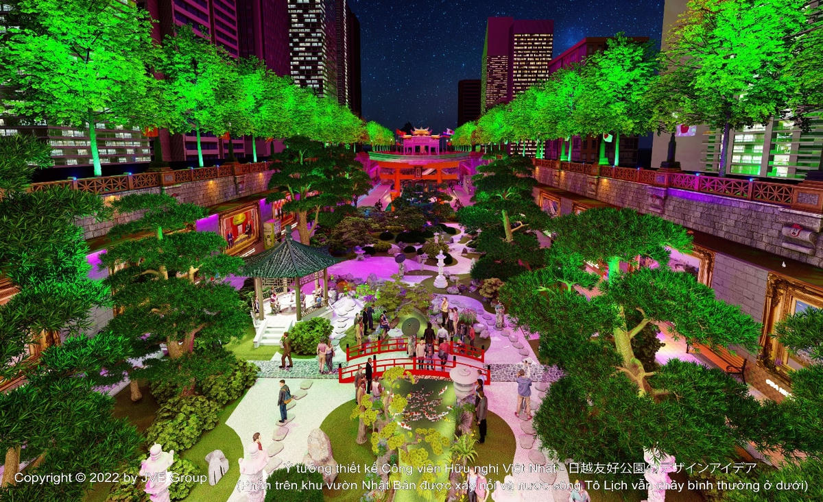 Phối cảnh 3D tổng thể của Không gian văn hóa Nhật Bản trên sông Tô Lịch. Ảnh: JVE.