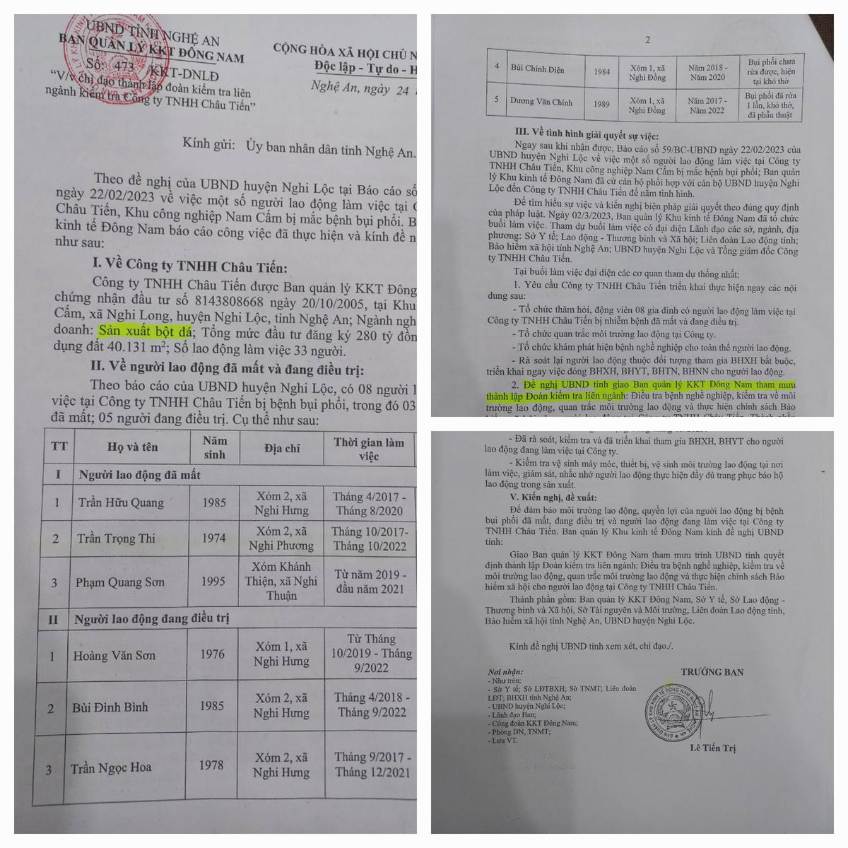 Văn bản 473 của Ban quản lý KKT Đông Nam về việc đề nghị UBND tỉnh thành lập Đoàn kiểm tra đối với Công ty TNHH Châu Tiến sau khi có báo cáo về 8 công nhân thương vong do bụi phổi. Điền Bắc