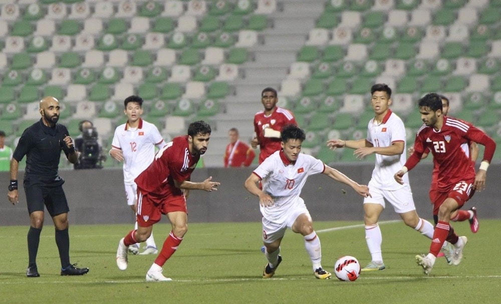 U23 Việt Nam không có tình huống tấn công nguy hiểm đáng kể trước U23 UAE. (Ảnh: VFF).