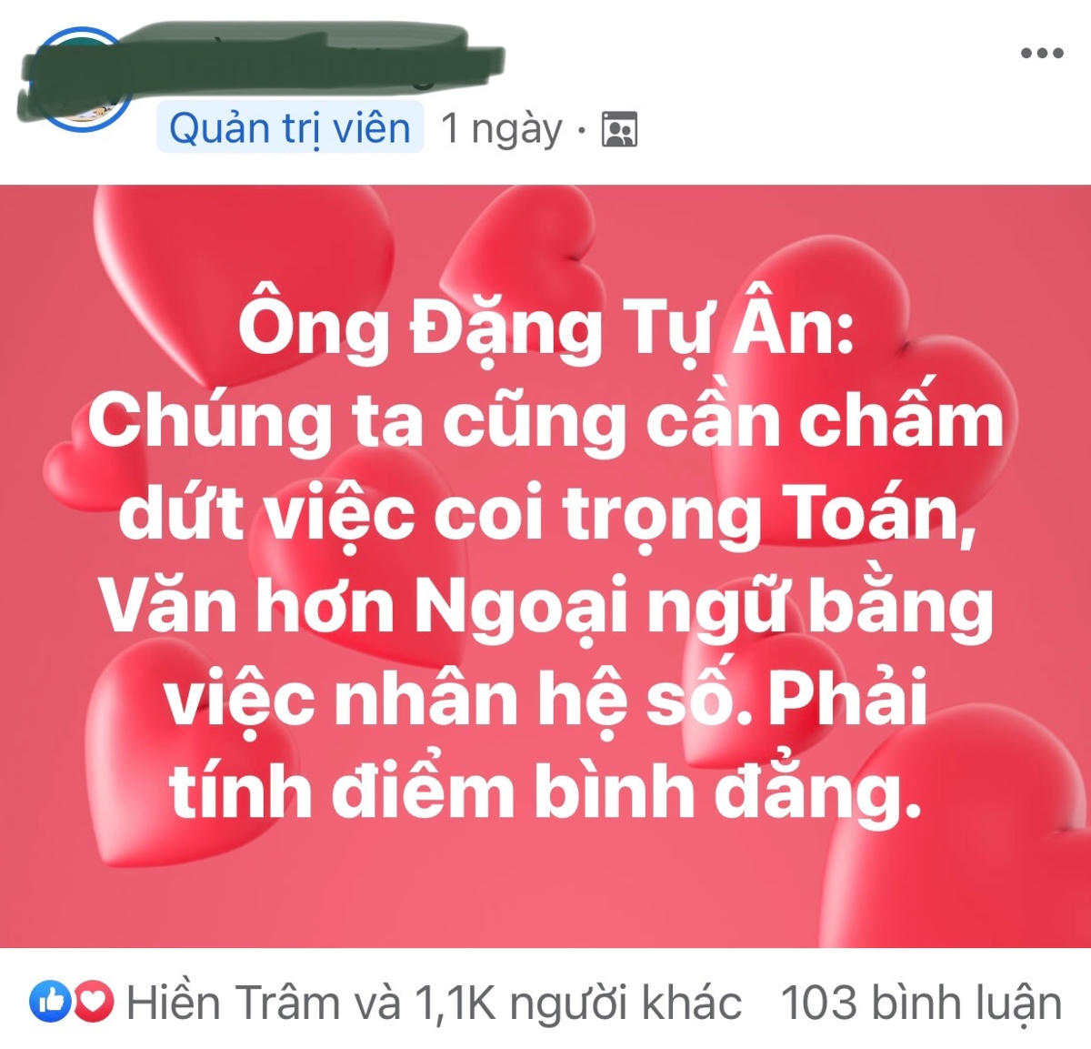 Phụ huynh chia sẻ quan điểm của chuyên gia về việc nhân hệ số 2 môn Toán, Ngữ văn trên một diễn đàn mạng xã hội.
