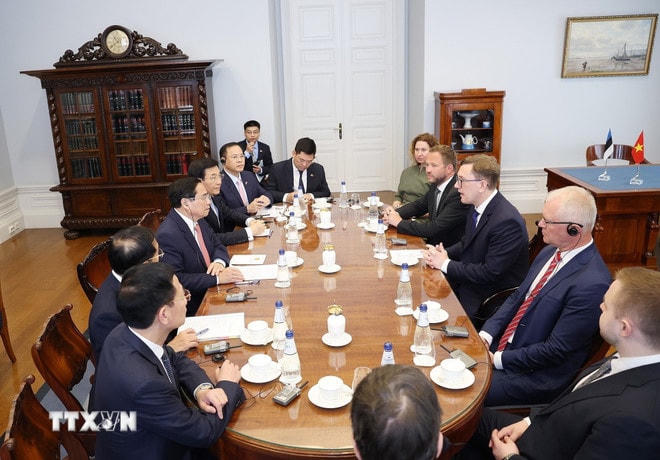 Thủ tướng Phạm Minh Chính hội đàm với Thủ tướng Cộng hòa Estonia Kristen Michal. (Ảnh: Dương Giang/TTXVN) ttxvn-thu-tuong-hoi-dam-thu-tuong-estonia-6.jpg