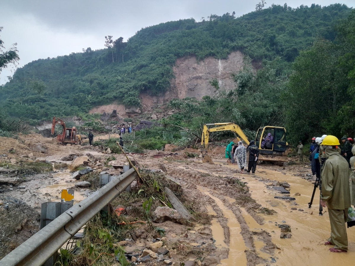 Đất đá sạt lở ngã đổ cây cối.