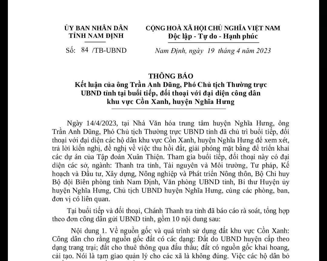 Văn bản Thông báo Kết luận của Phó Chủ tịch Thường trực UBND tỉnh Nam Định.