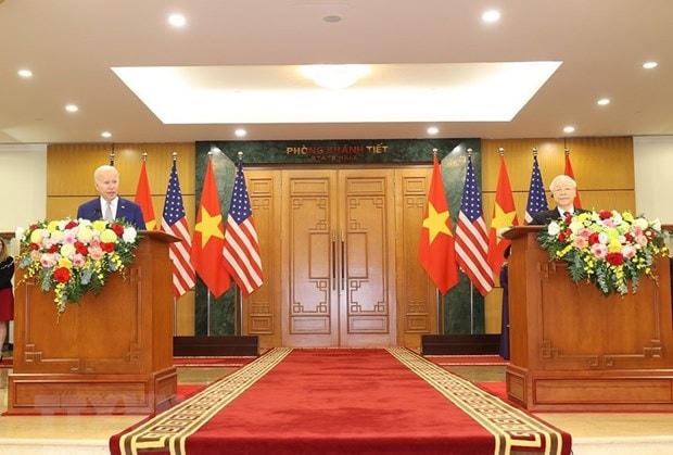 Tổng Bí thư Nguyễn Phú Trọng và Tổng thống Hoa Kỳ Joe Biden tại cuộc Họp báo Chung. (Ảnh: Trí Dũng/TTXVN).