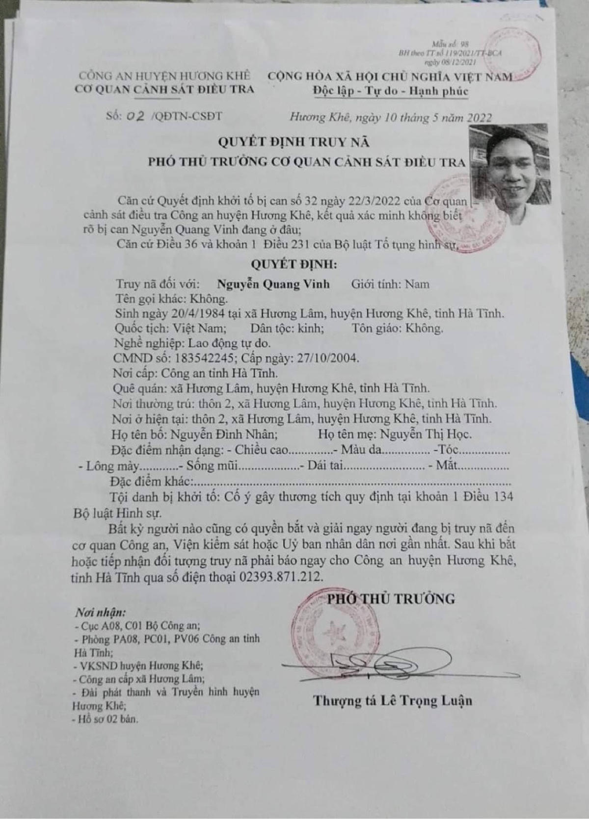 Lệnh truy nã đối tượng Nguyễn Quang Vinh.