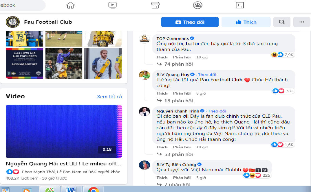 Người hâm mộ vào trang chủ facebook của CLB Pau FC chúc mừng.