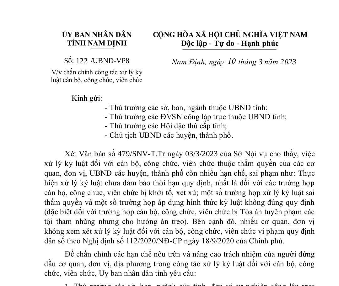 Văn bản chỉ đạo chấn chỉnh của UBND tỉnh Nam Định.