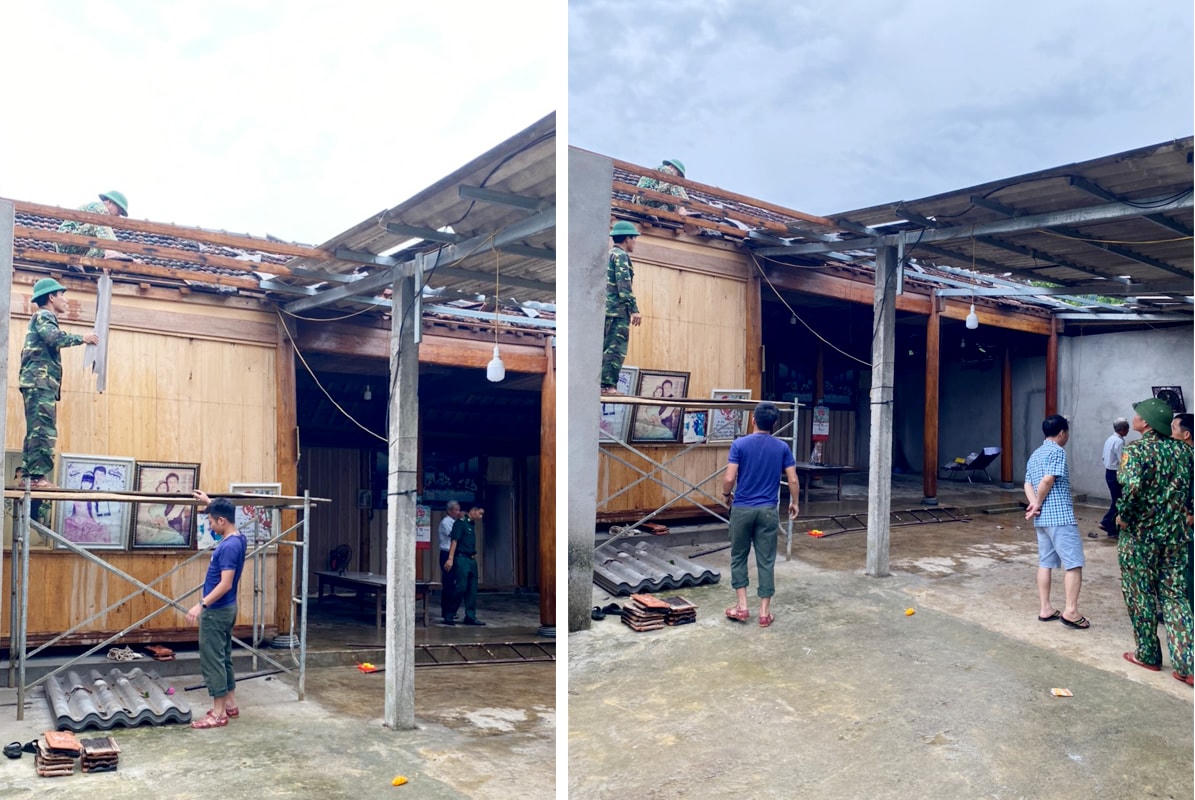 Chính quyền địa phương phối hợp lực lượng bộ đội Biên phòng giúp người dân lớp lại mái. 