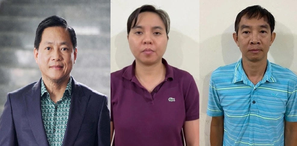Bị can Nguyễn Cao Trí (ngoài cùng, bên trái), Bị can Nguyễn Phương Hồng và Bị can Hồ Bửu Phương. (Ảnh: T.L và Bộ Công an).