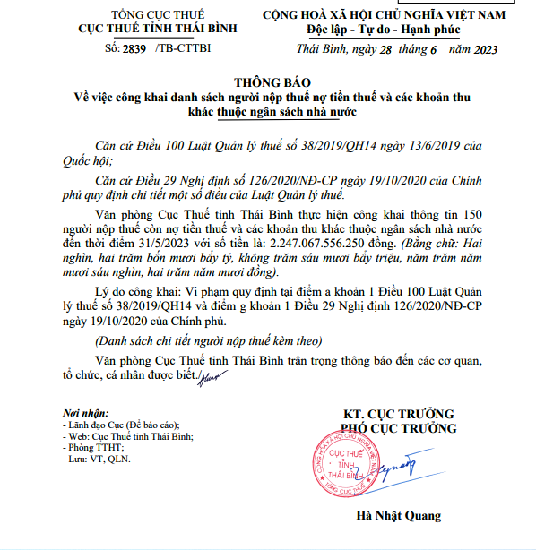 Thông báo của Cục Thuế tỉnh Thái Bình.