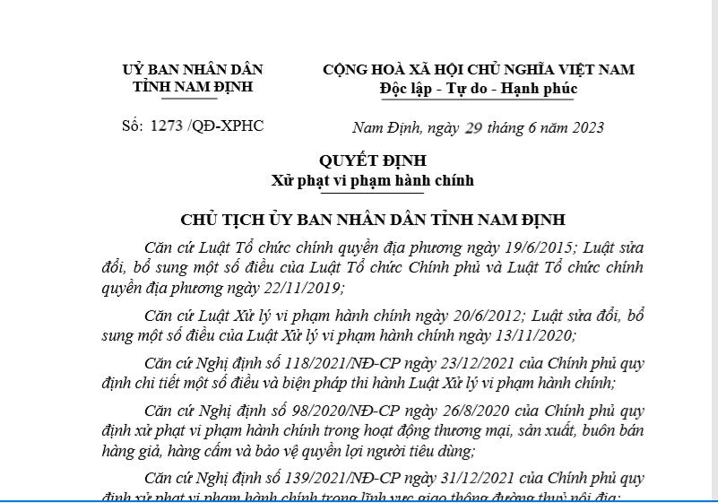 Một trong 3 quyết định xử phạt của Chủ tịch UBND tỉnh Nam Định.