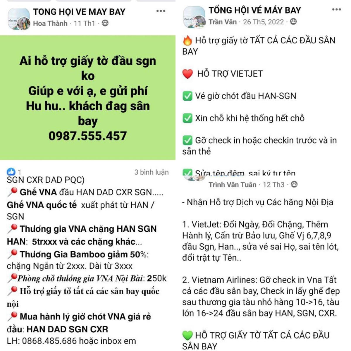 Các đối tượng hoạt động theo mạng lưới chặt chẽ từ Bắc – Nam và tự giới thiệu có thể ‘lo bay’ toàn bộ các hãng máy bay đến tất cả cảng hàng không cả nước mà không cần giấy tờ tùy thân (Ảnh chụp màn hình)