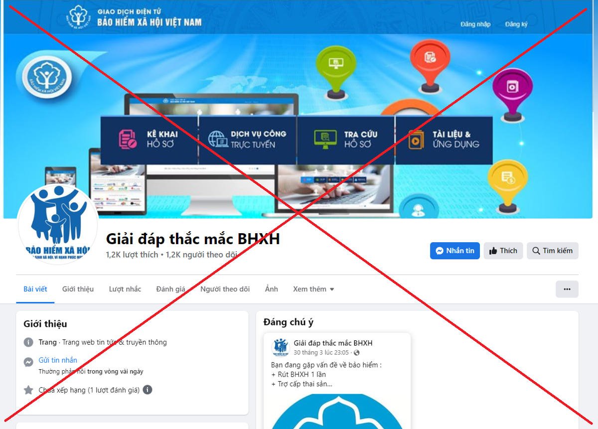 Một trang giả mạo. Ảnh: BHXH Việt Nam.