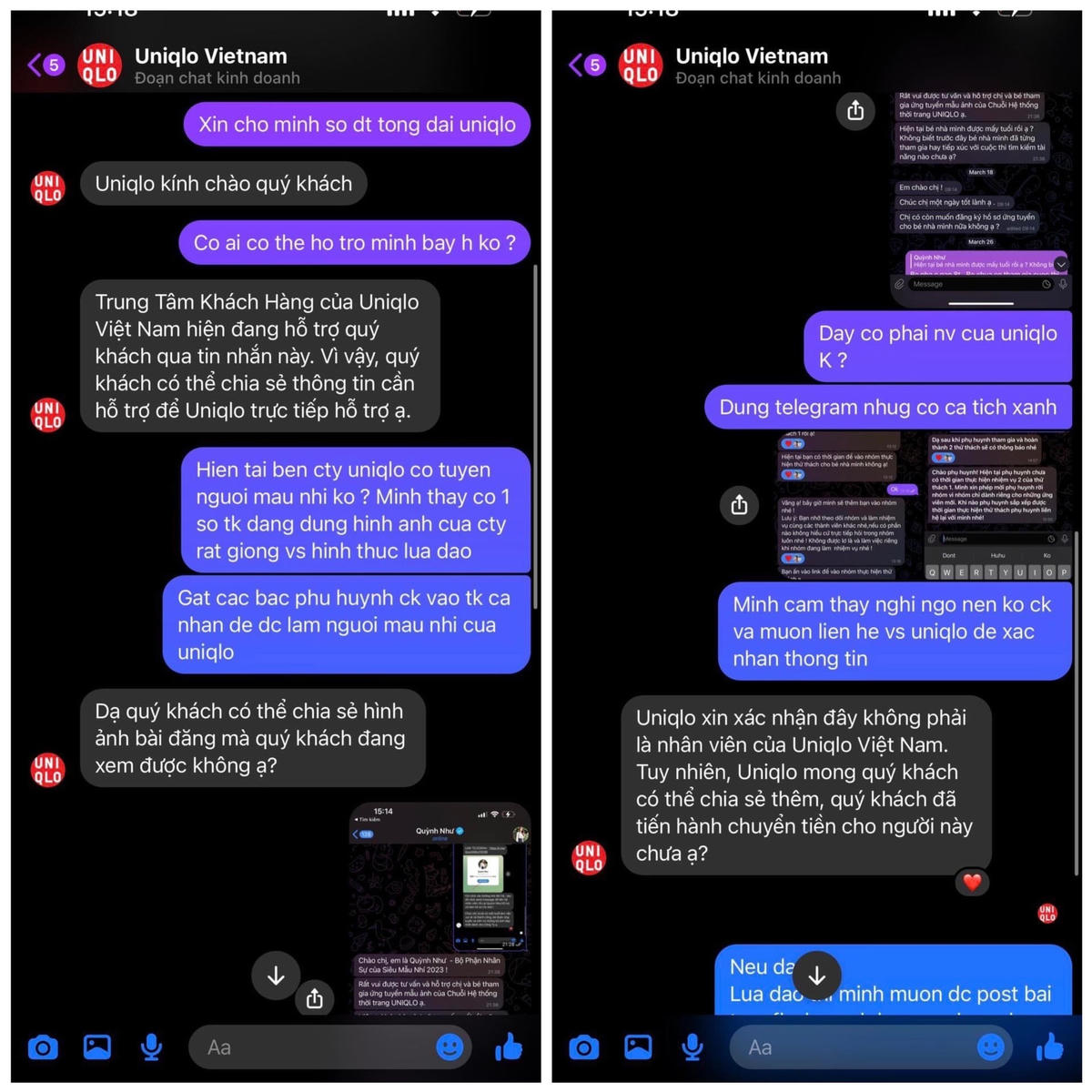 Theo xác nhận từ trang Fanpage UNIQLO Việt Nam, những thông tin các đối tượng cung cấp đều là giả mạo. Ảnh: nhân vật cung cấp.  