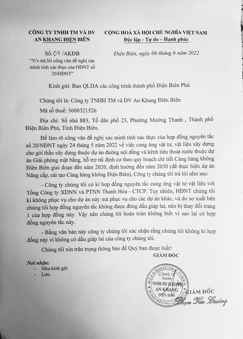 CV số 01/AKĐB ngày 06/06/2022 trả lời xác minh tính xác thực của HĐNT số 20/HĐNT của Công ty TNHH TM và DV An Khang Điện Biên trả lời Ban QLDA các công trình thành phố Điện Biên Phủ.