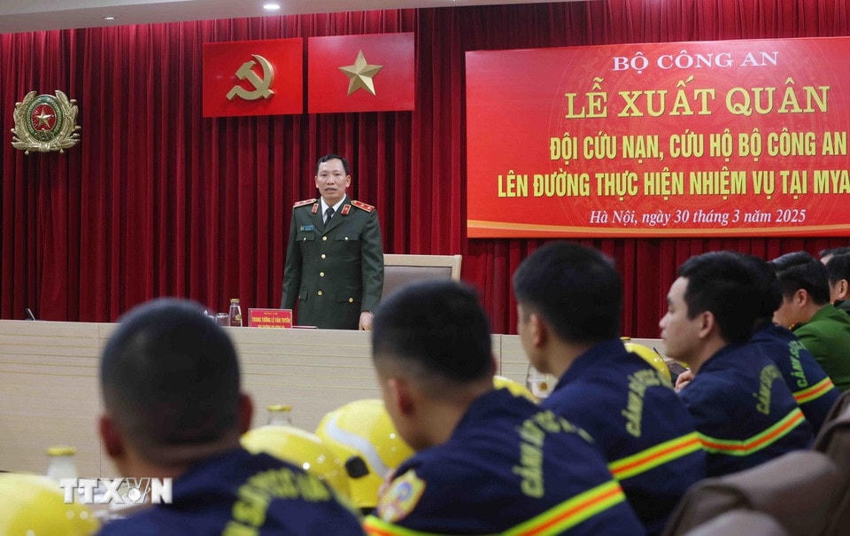 Trung tướng Lê Văn Tuyến, Thứ trưởng Bộ Công an, phát biểu. (Ảnh: Phạm Kiên/TTXVN)