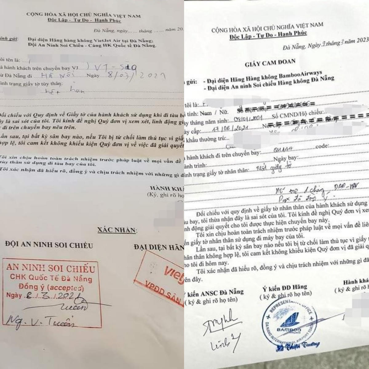 "Giấy thông hành" có con dấu mang tên hãng Bamboo Airways, Vietjet Air và đại diện lực lượng an ninh sân bay ký bảo lãnh đưa hành khách không có giấy tờ tuỳ thân lên máy bay.