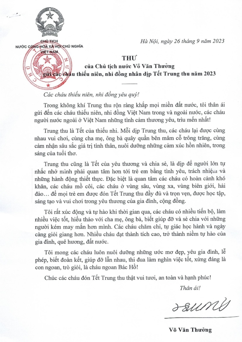 Thư của Chủ tịch nước gửi các cháu thiếu niên, nhi đồng nhân dịp Tết Trung thu 2023