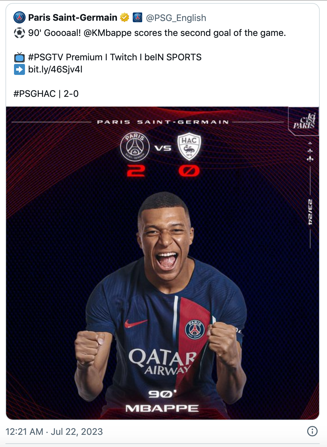 Trang Twitter của PSG hào hứng với bàn thắng của Mbappe trận đấu với Le Havre.