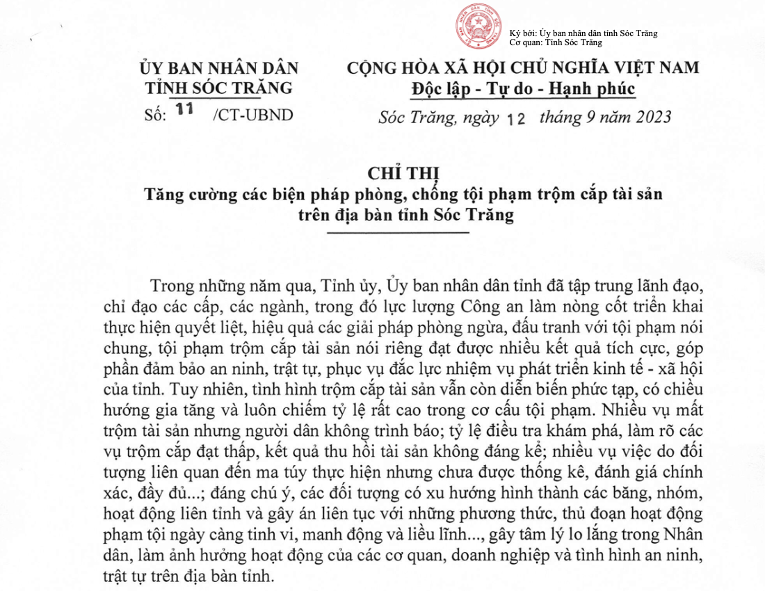 Chủ tịch UBND tỉnh Sóc Trăng vừa ban hành Chỉ thị “Tăng cường các biện pháp phòng, chống tội phạm trộm cắp tài sản trên địa bàn tỉnh Sóc Trăng”.