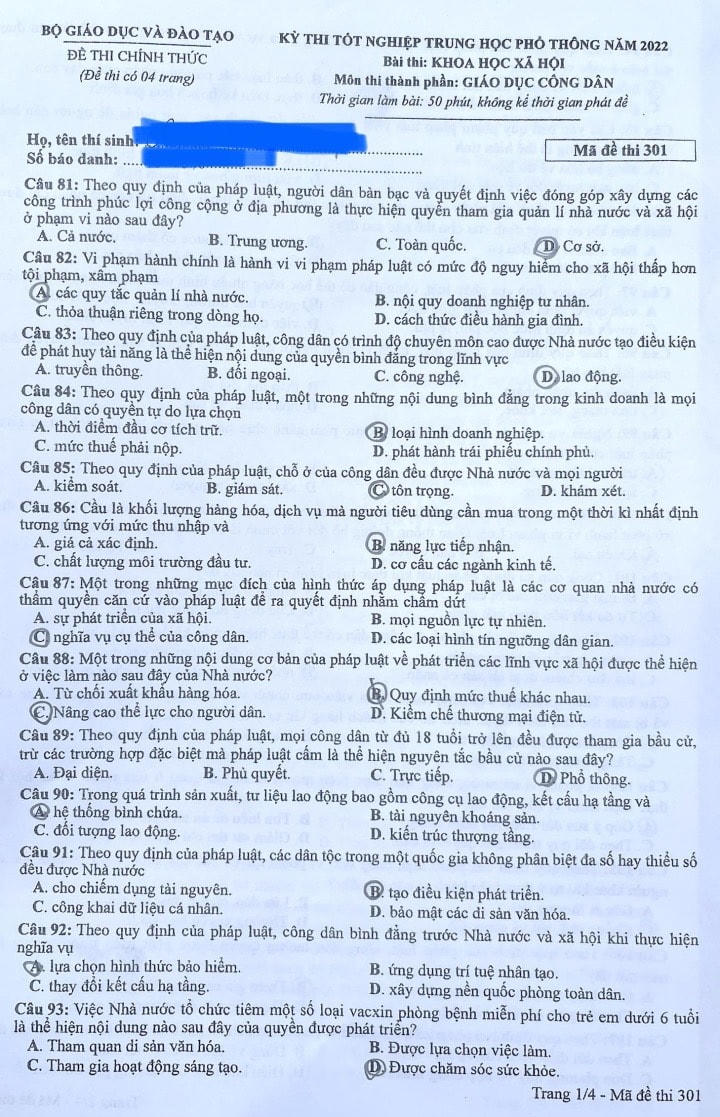 Đề thi môn Giáo dục công dân mã đề thi 301.