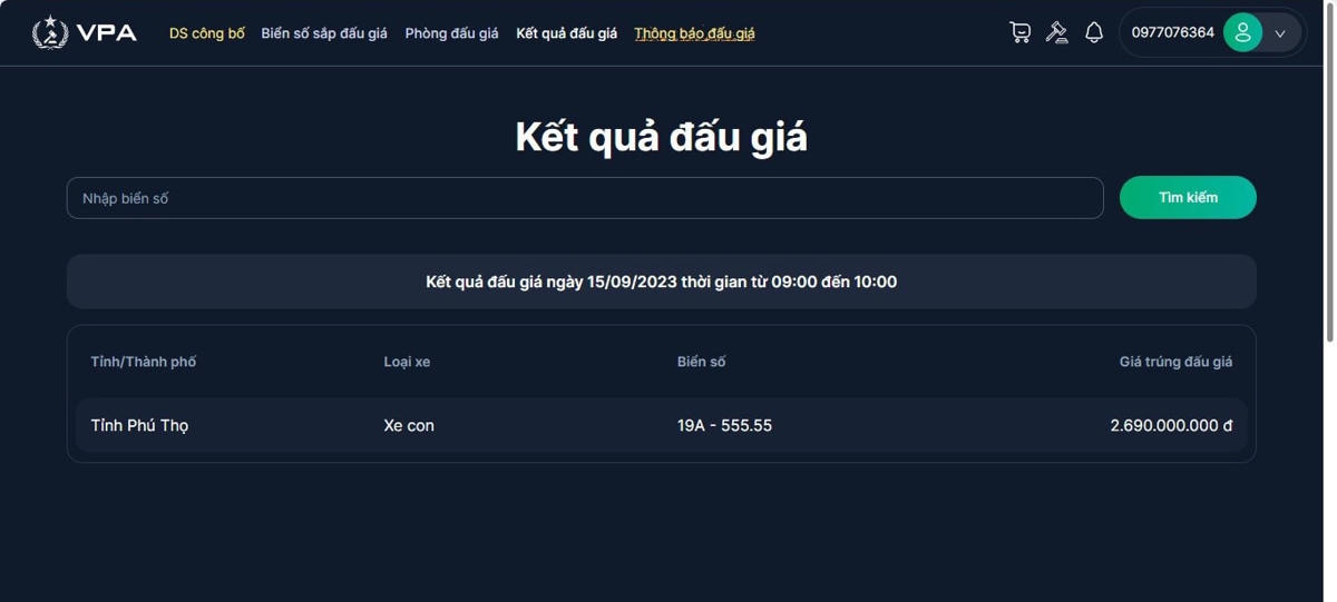 Sau 60 phút đấu giá, biển số 19A-555.55 được chốt ở mức 2,69 tỷ đồng.